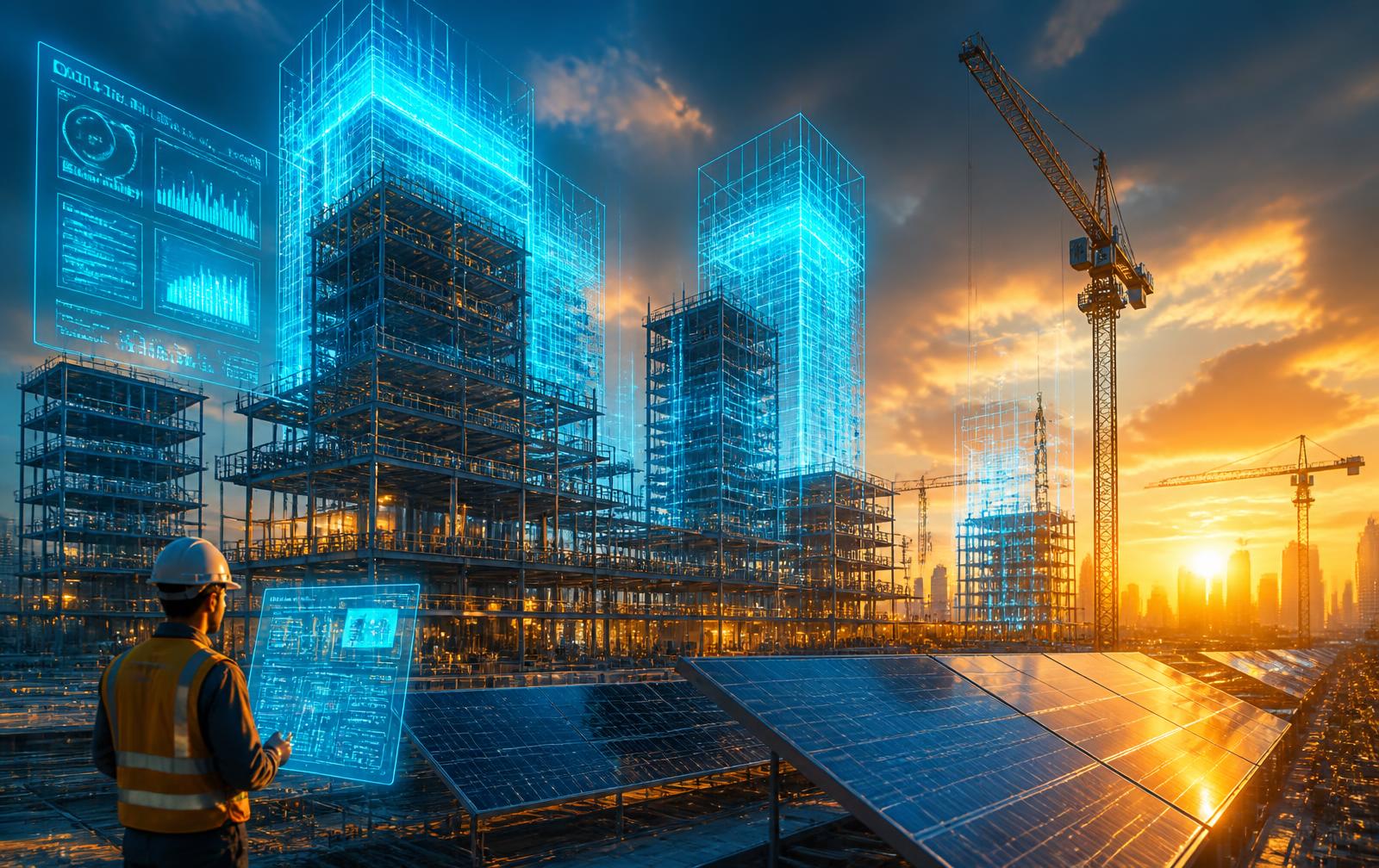 Holographic building models rising over a solar-powered construction site