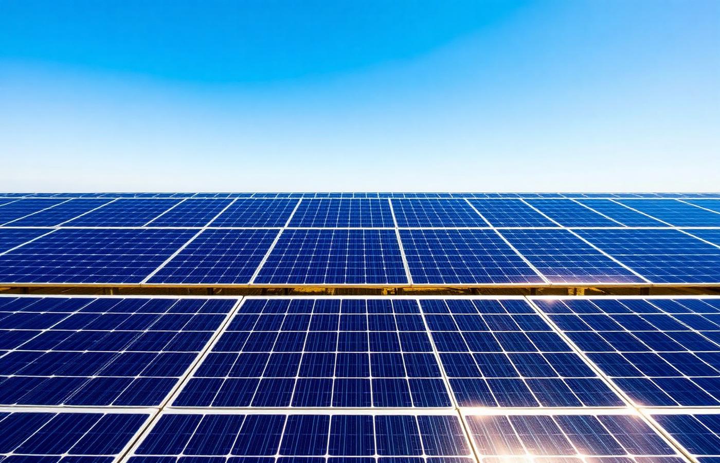 Utility-scale solar array under a bright blue sky