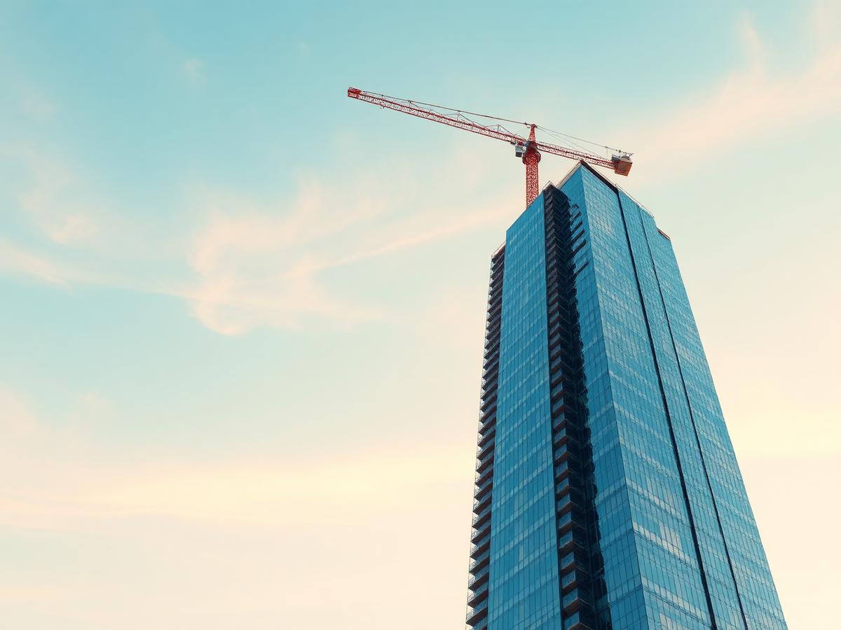 Glass tower under construction with a crane against a bright sky
